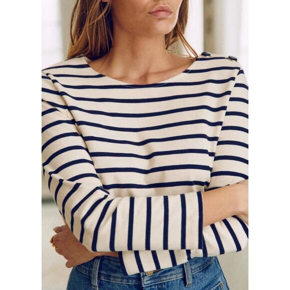SEZANE Striped Marina Cropped Crew Neck Cotton Blue Ivory Pullover Nautical Lg - Picture 2 of 11